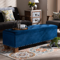 Baxton Studio BBT3136-Navy Velvet/Walnut-Otto Hannah Modern and Contemporary Navy Blue Velvet Fabric Upholstered Button-Tufted Storage Ottoman Bench